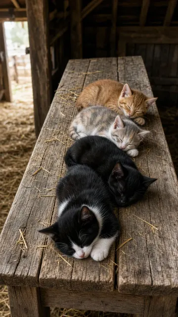 Reclaimed Barnwood Bench Row of Sleeping Farm Kittens