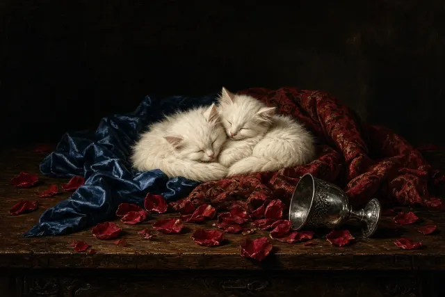 Classical Baroque Oil Still Life with Sleeping Kittens and Silk