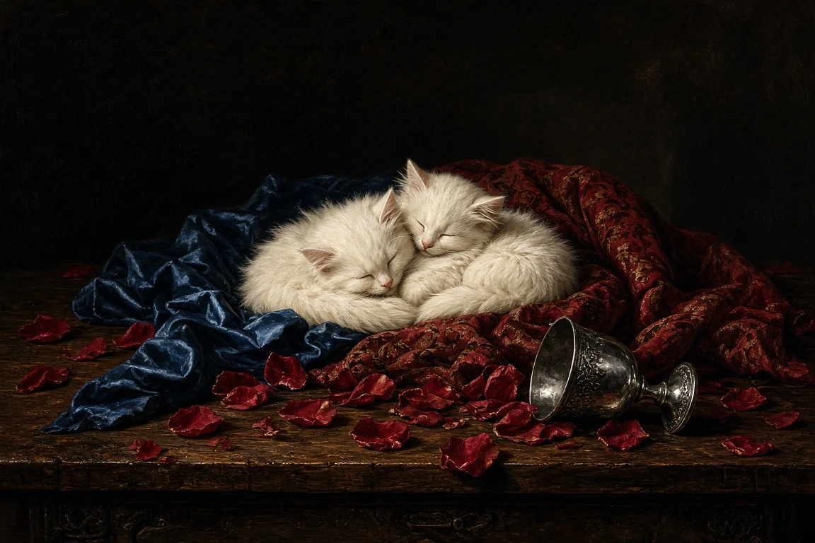 Classical Baroque Oil Still Life with Sleeping Kittens and Silk