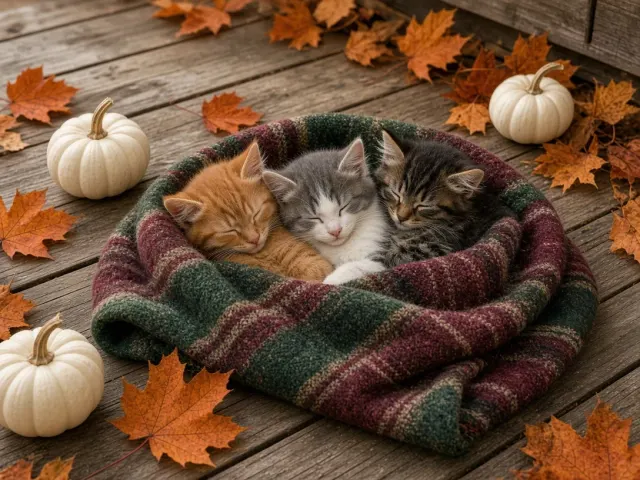 Autumn Veranda Blanket Nap with Mini Pumpkins and Maple Leaves