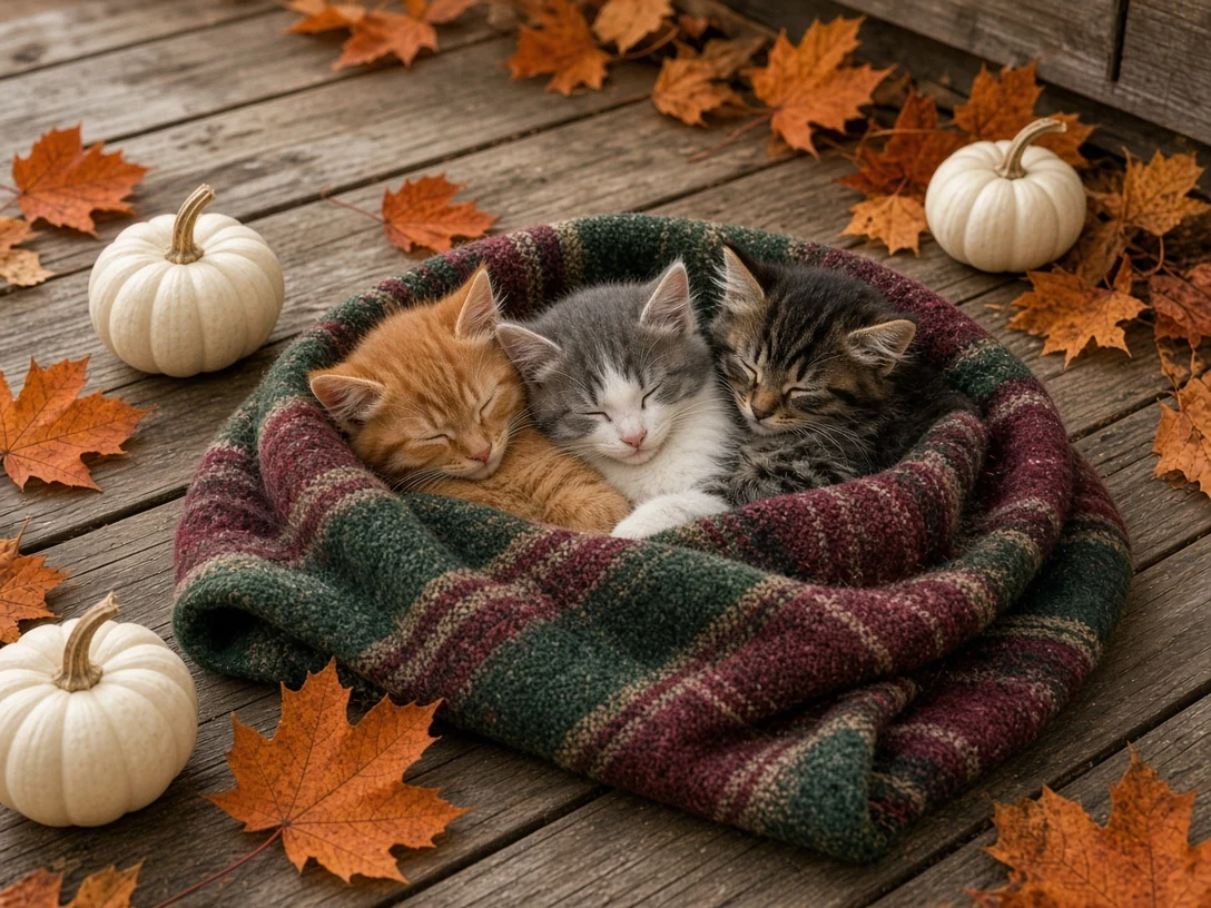 Autumn Veranda Blanket Nap with Mini Pumpkins and Maple Leaves