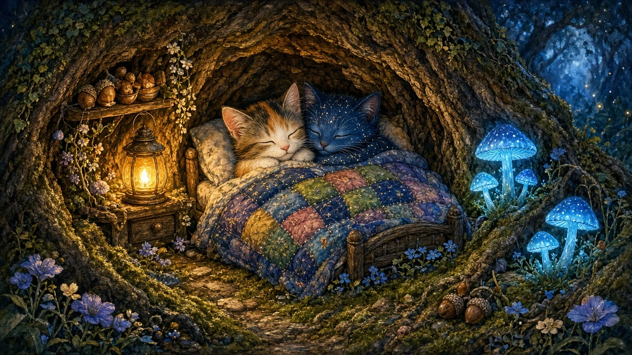 Enchanted Tree Hollow Storybook Illustration of Sleeping Kittens