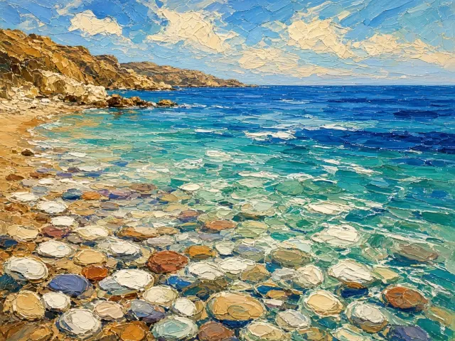 Sunlit Pebbled Shore and Translucent Turquoise Tidal Lapping