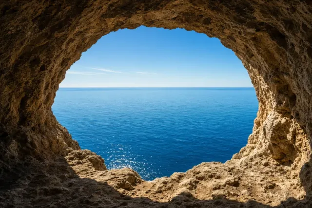 Limestone Arch Threshold Framing Calm Sapphire Ocean