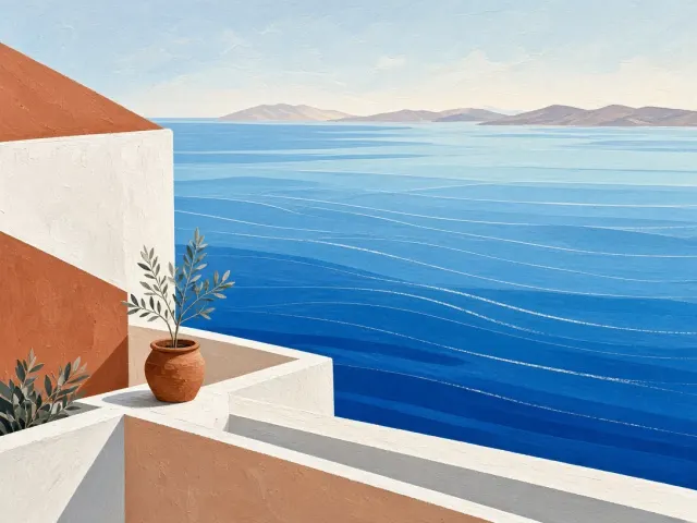 Sun-Bleached Gouache Study of Aegean Sea Rhythms