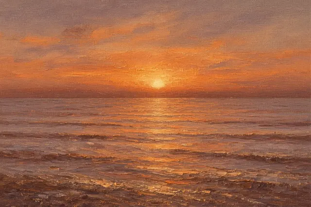 Textured Oil on Linen of Sunset Sea and Mauve Horizon