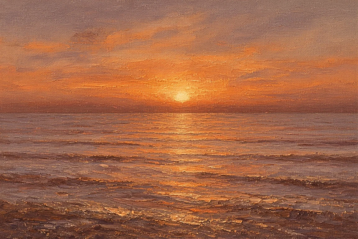 Textured Oil on Linen of Sunset Sea and Mauve Horizon