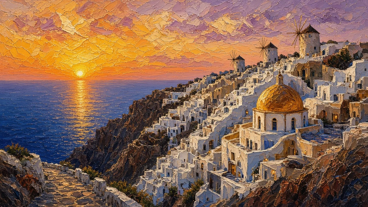 Panoramic Sunset Ridge over Whitewashed Cliff Village