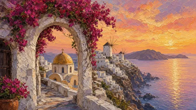 Sunset Bougainvillea Terrace Above Cliffside Windmills