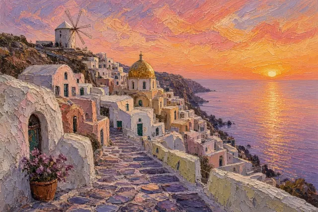 Cobblestone Stairway Descending Through Golden Twilight