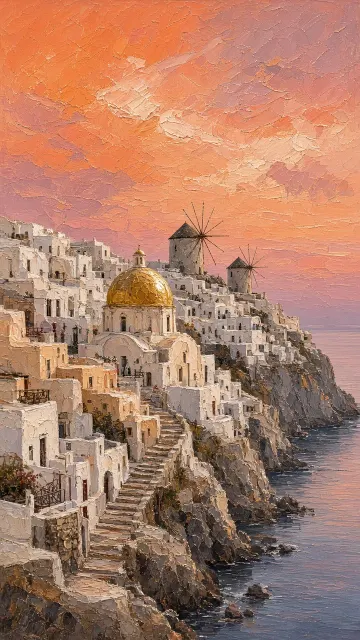 Vertical Cliffside Ascent to Sunset Windmills and Domes