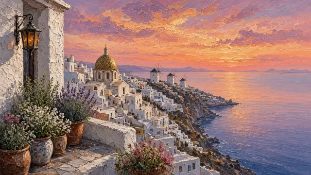 Intimate Cliffside Balcony Facing Sunset and Distant Mill