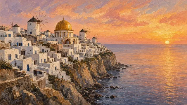 Wide Desktop Vista of Cliffside Village at Twilight Horizon