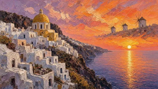 Molten Sunset Reflections on Whitewashed Cliff Dwellings