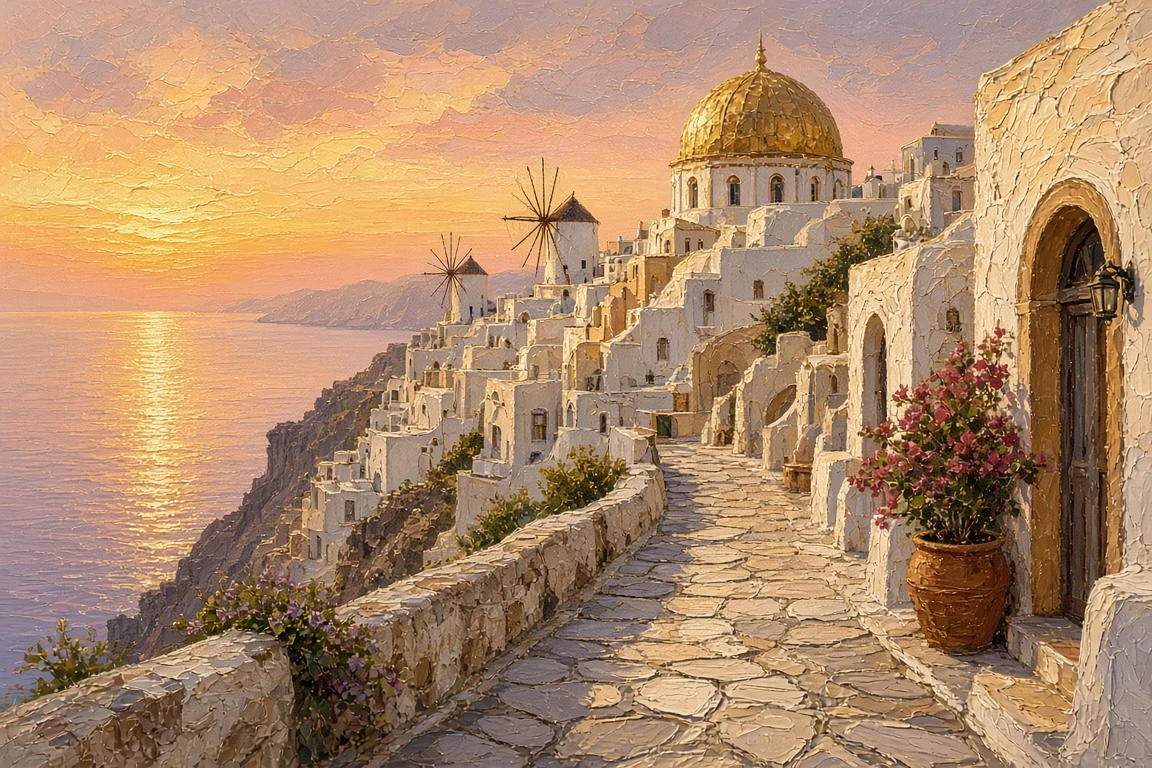 Warm Evening Promenade Along Whitewashed Cliff Crest