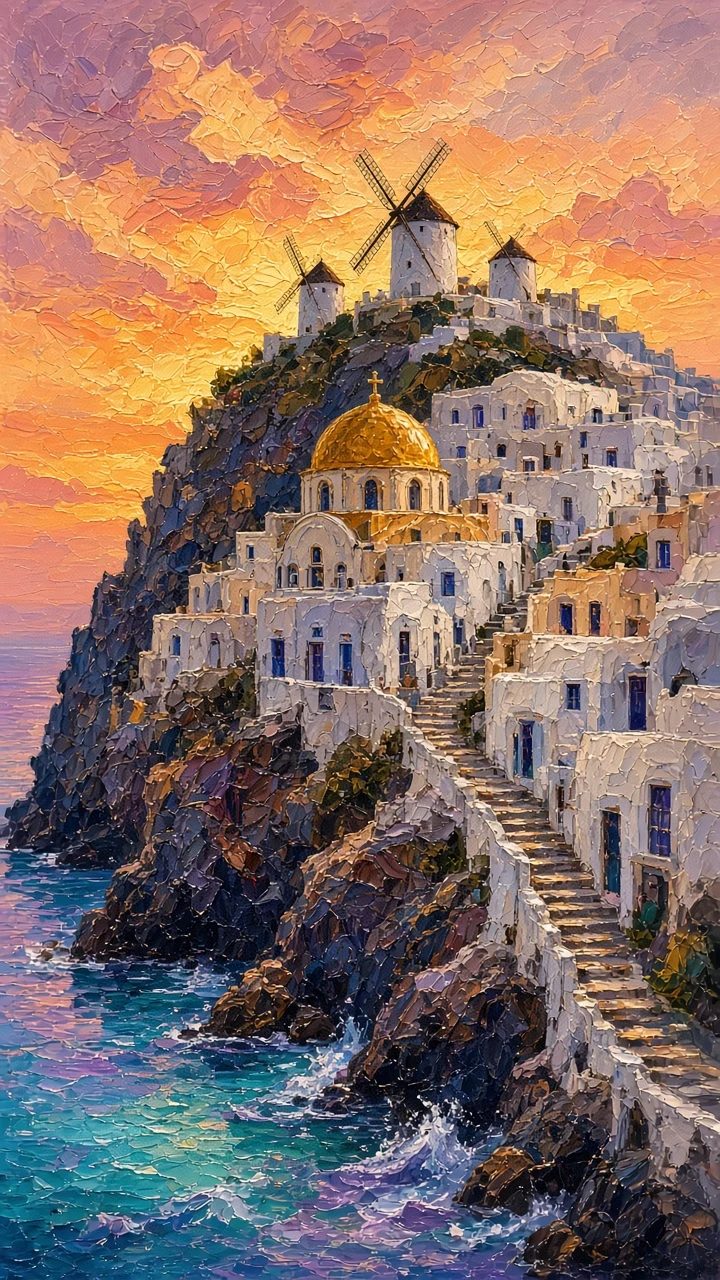 Vertical Sunset Horizon Over Whitewashed Village Heights