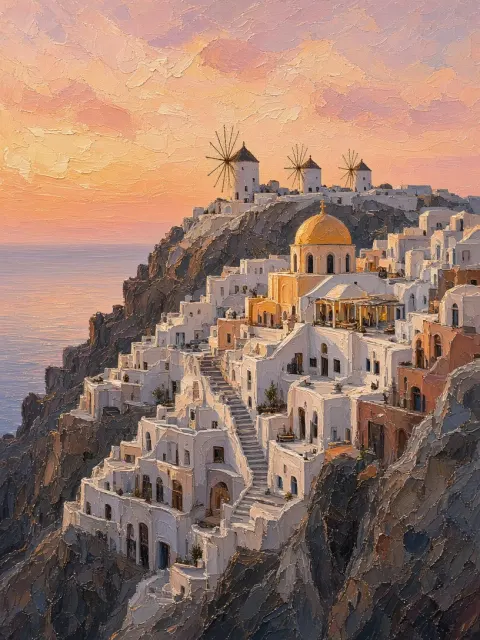 Editorial Sunset Portrait of Terraced Whitewashed Village