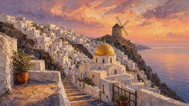 Twilight Reflections Across Whitewashed Terraces and Domes