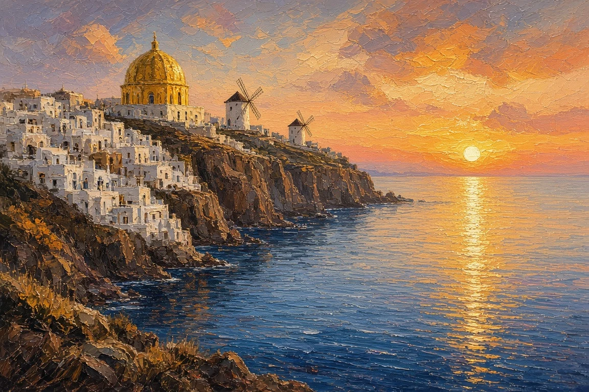 Headland View of Cliffside Village in Sunset Splendor