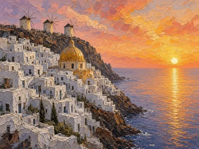 Bold Palette Knife Sunset over Cliffside Domes and Mills