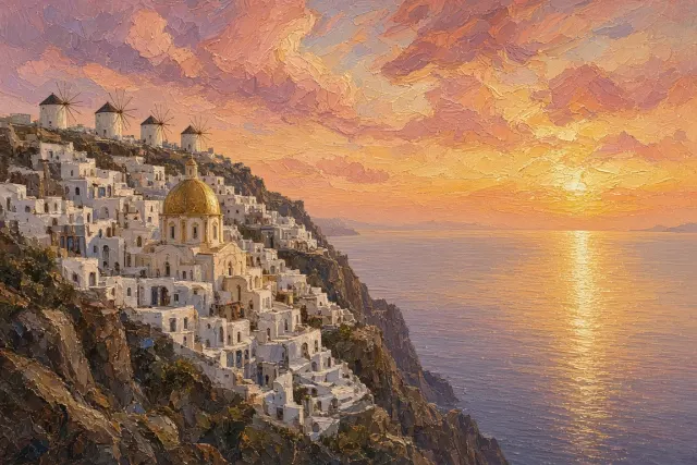Classical Coastal Oil Painting of Sunset Village and Sea