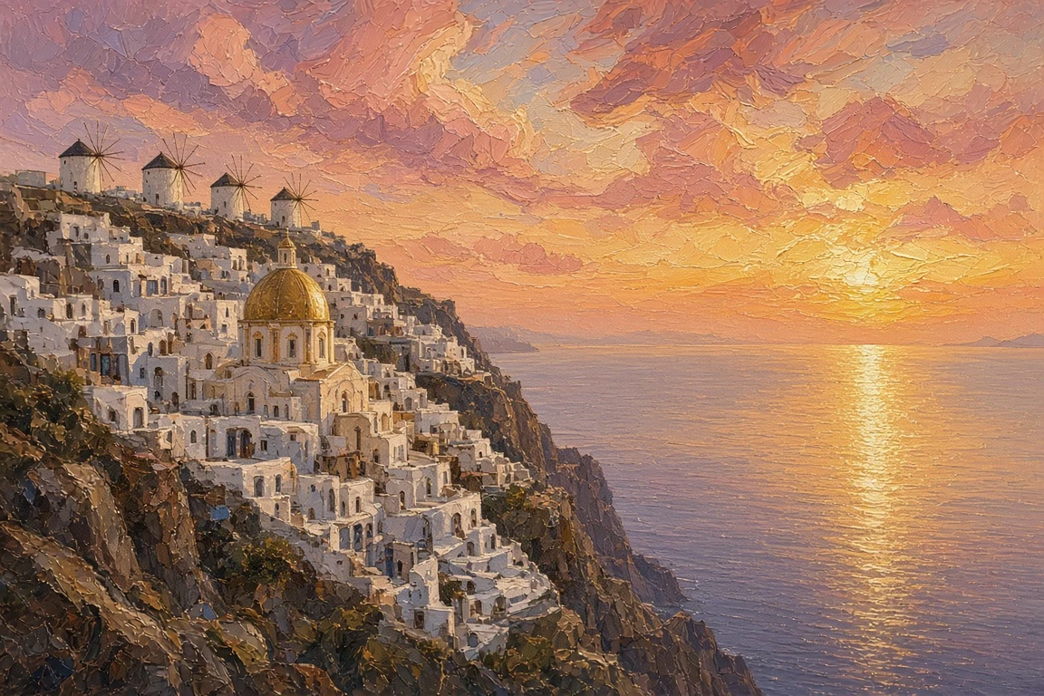 Classical Coastal Oil Painting of Sunset Village and Sea