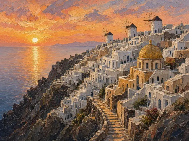 Vertical Social Story of Stepped Whitewashed Village at Sunset