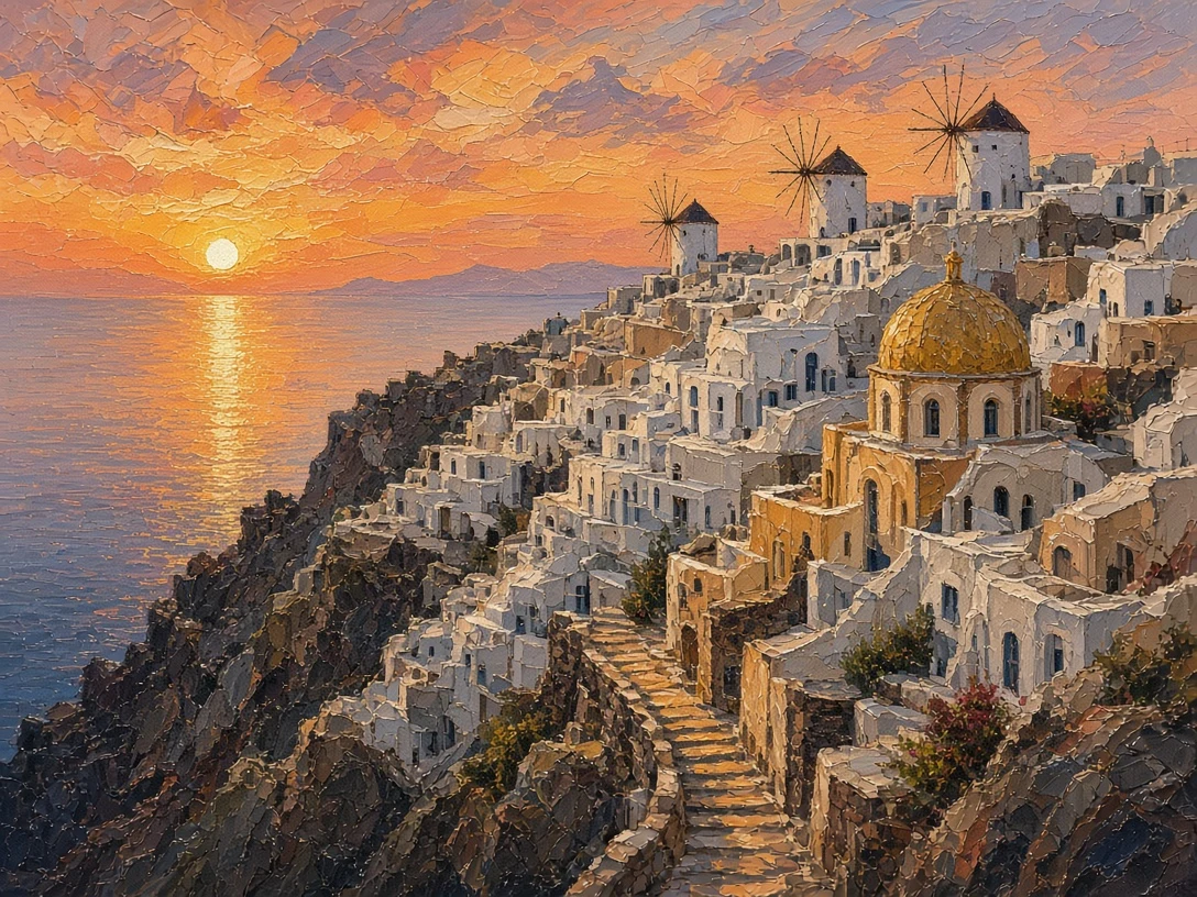 Vertical Social Story of Stepped Whitewashed Village at Sunset