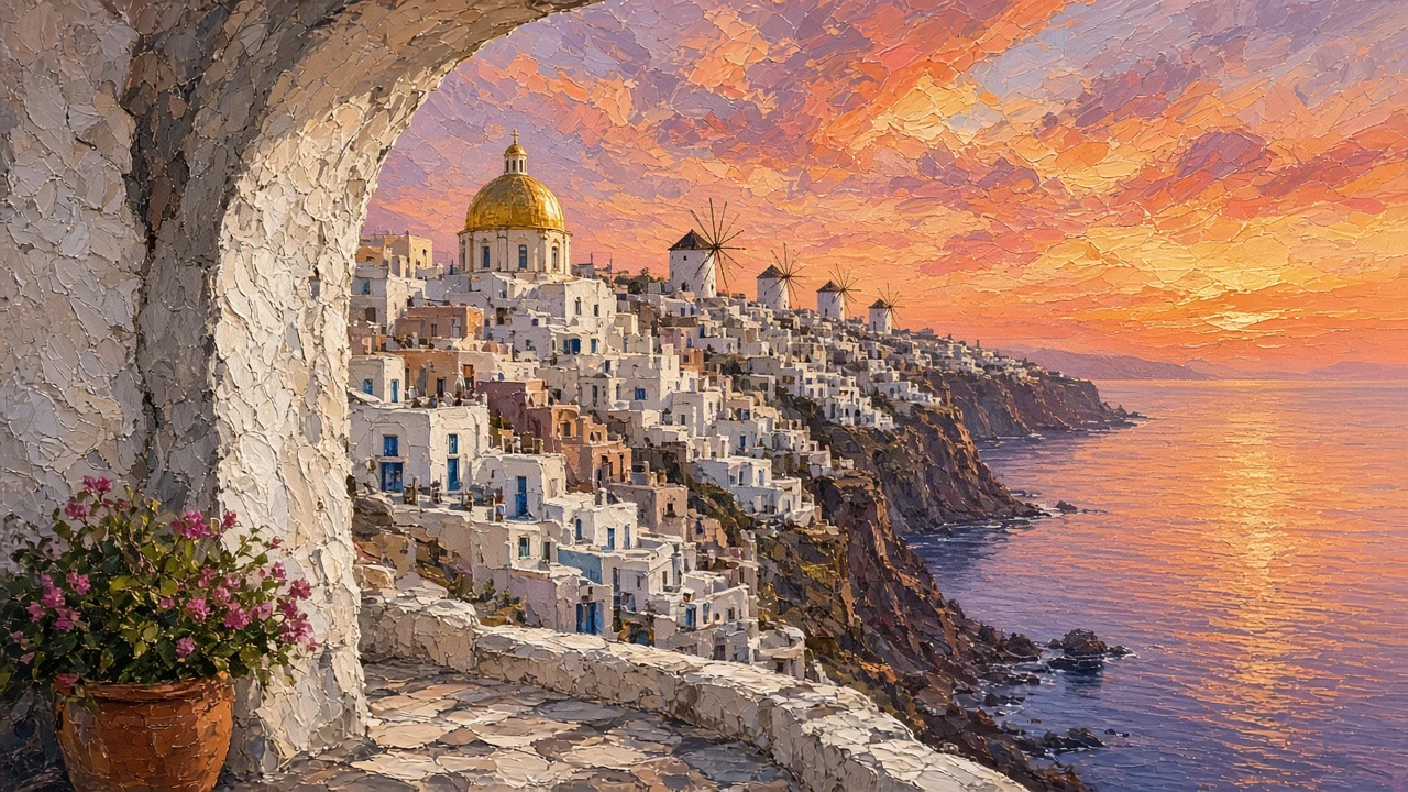 Sunset Archway Overlooking Mediterranean Cliff and Windmills