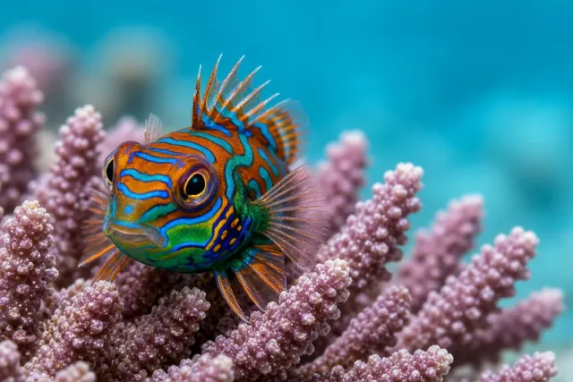 Psychedelic Mandarin Fish Macro on Coral Ledge