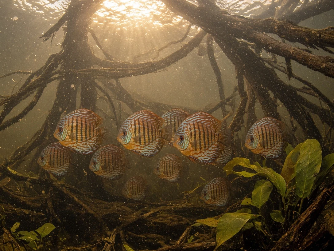 Amazonian Discus School in Flooded Forest Roots