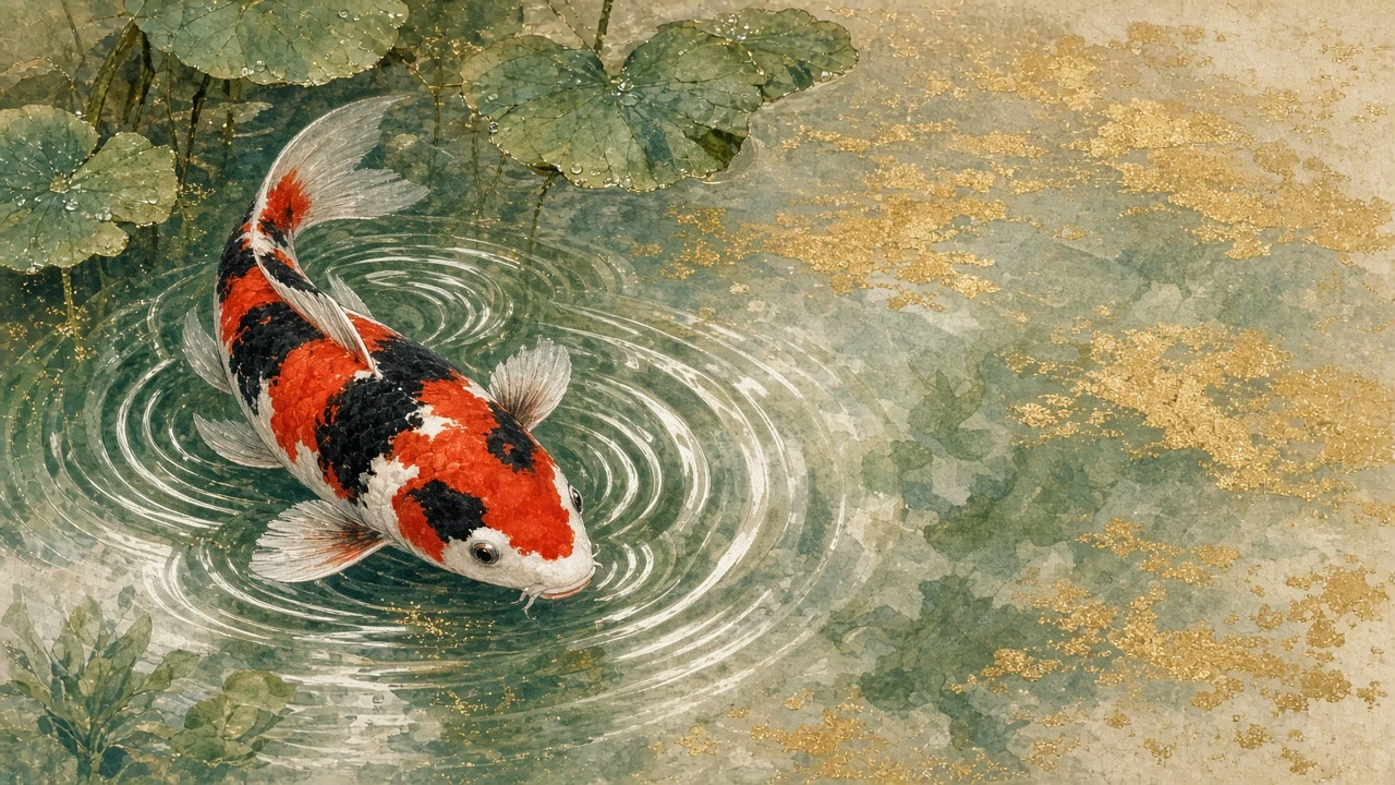 Japanese Showa Koi Swimming Through Lotus Ripples