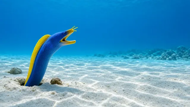 Electric Blue Ribbon Eel Emerging From Sand