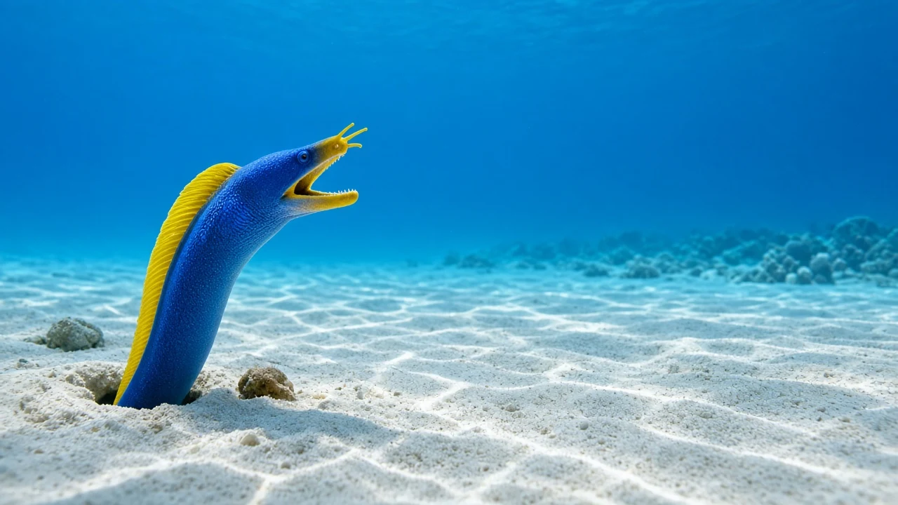 Electric Blue Ribbon Eel Emerging From Sand