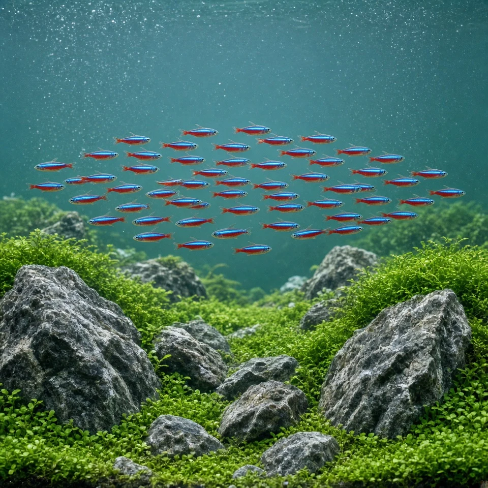 Schooling Neon Tetras in Nature Aquascape