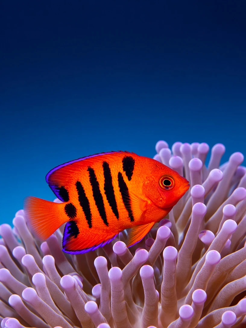 Flame Angelfish Beside Glowing Violet Anemone