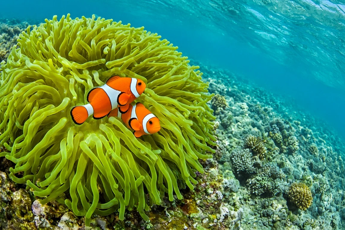 Clownfish Pair in Fluorescent Green Anemone