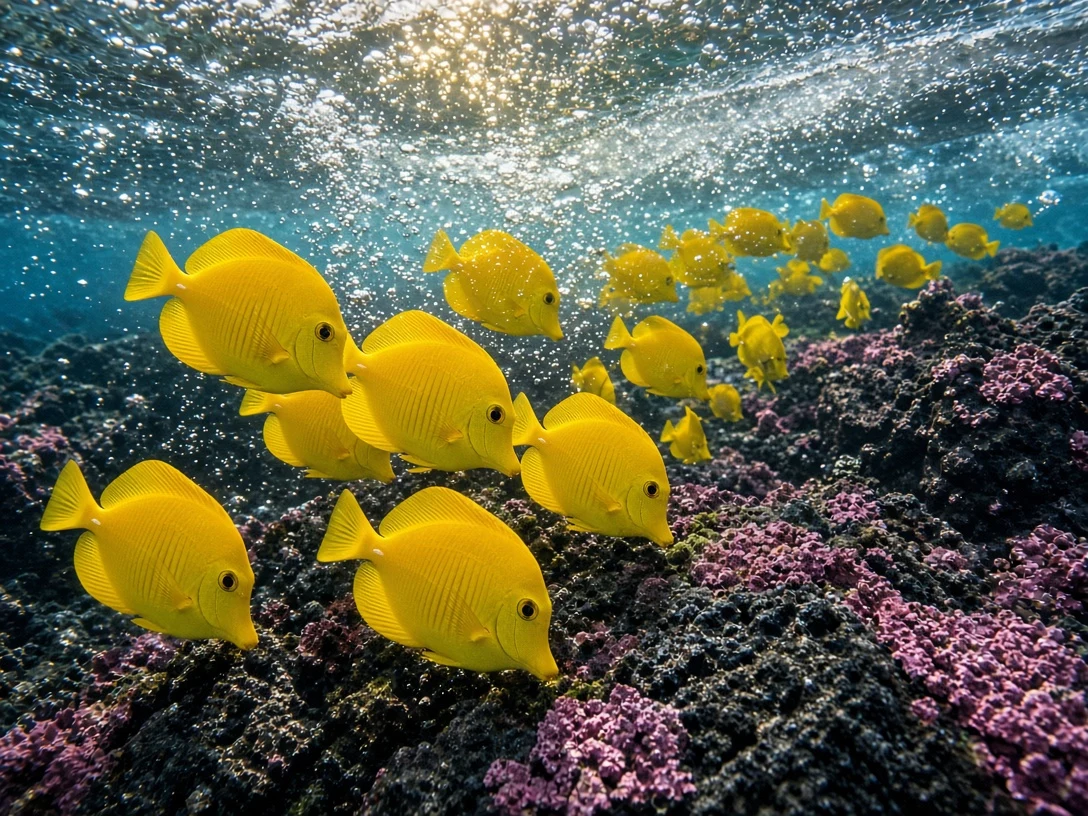 Schooling Yellow Tangs on Kona Volcanic Basalt