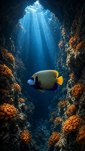 Emperor Angelfish Patrolling Sunbeam Reef Cavern