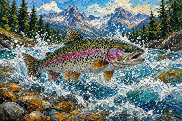 Wild Rainbow Trout Rising in Alpine Stream Impasto