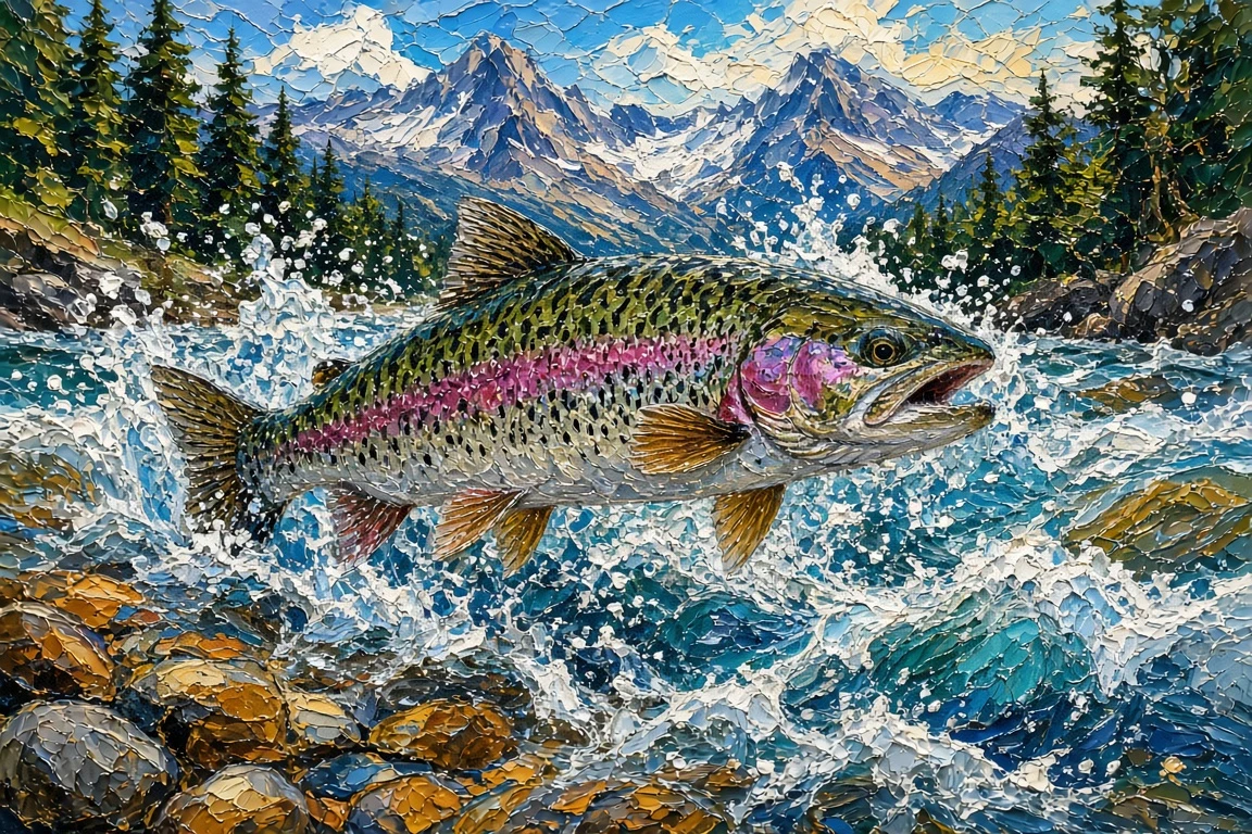 Wild Rainbow Trout Rising in Alpine Stream Impasto