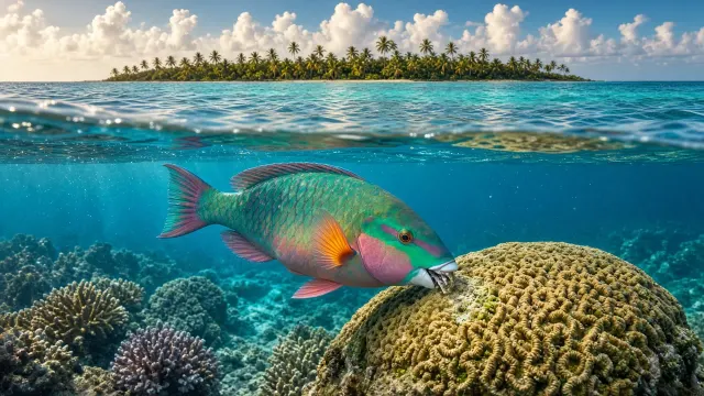 Split-Level Parrotfish Feeding on Shallows