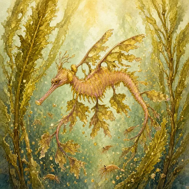 Leafy Seadragon Drifting in Golden Kelp Forest