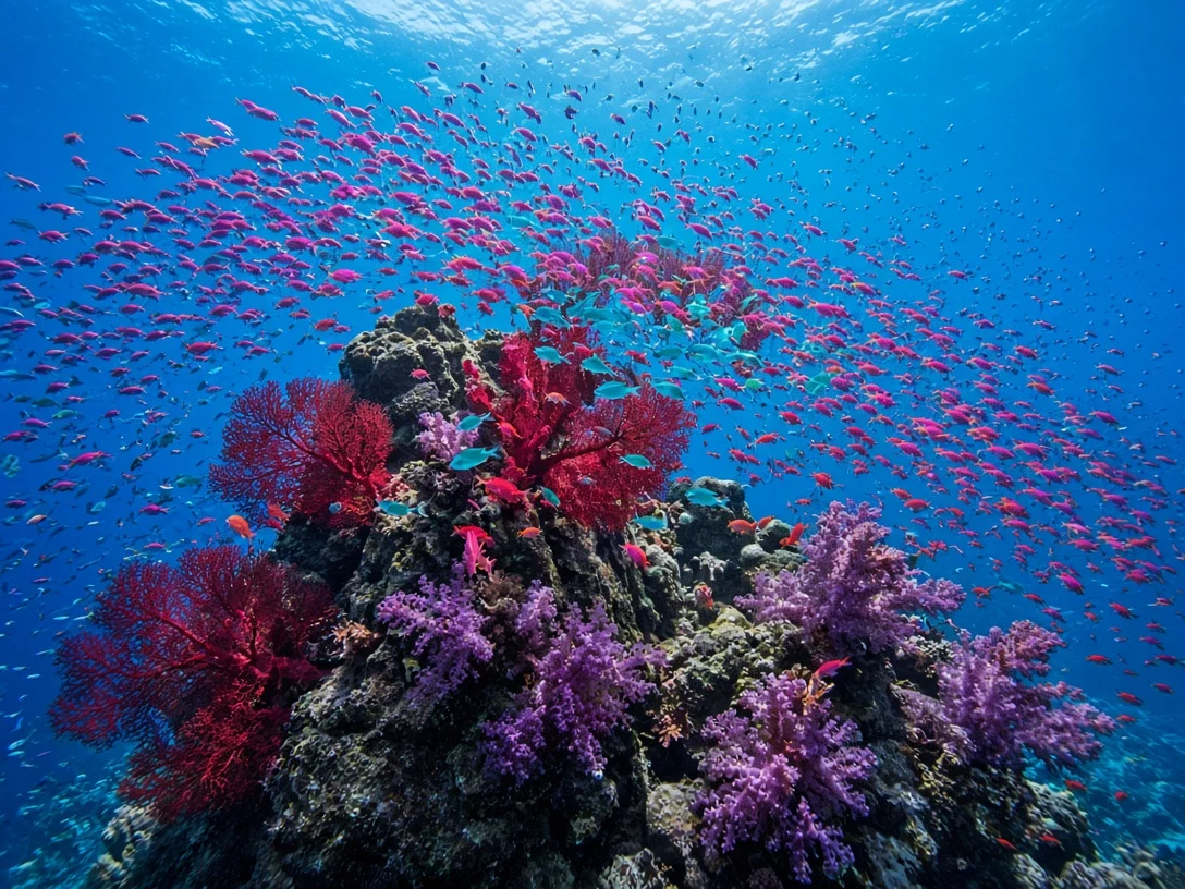 Swirling Anthias and Chromis Cloud on Coral Pinnacle