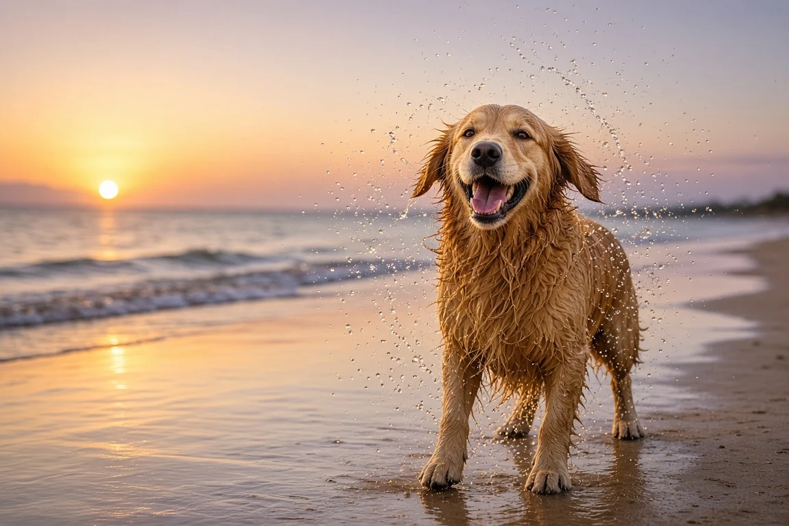 Golden Retriever Shaking Water at Coastal Twilight