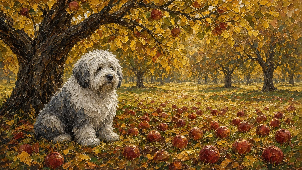 Impasto Oil Portrait of an Old English Sheepdog in an Orchard