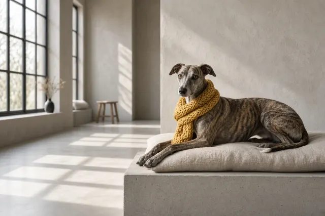 Whippet in Mustard Knit Scarf in Minimalist Loft
