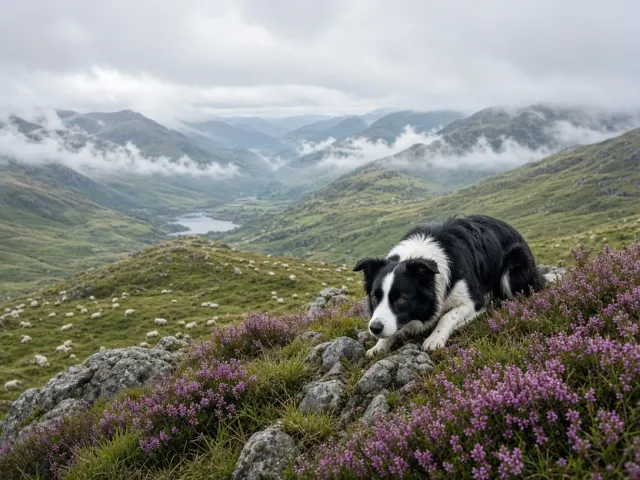 Border Collie Herding Across Misty Scottish Moorlands