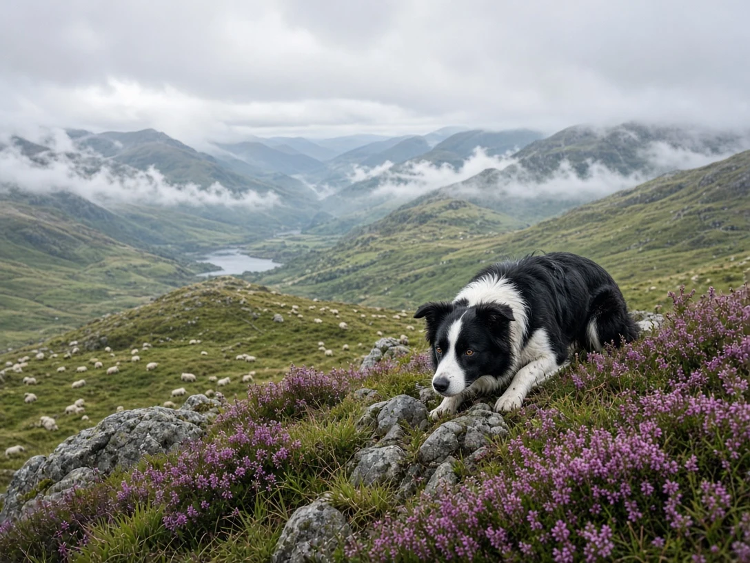 Border Collie Herding Across Misty Scottish Moorlands