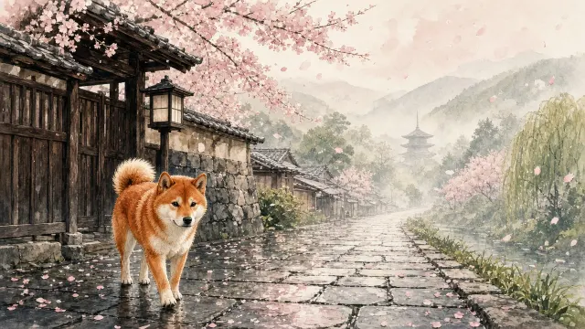 Shiba Inu Under Kyoto Cherry Blossoms Ink Wash
